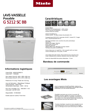 Product information | Miele G 5212 SC blanc Lave vaisselle 60 cm Product fiche | Fixfr
