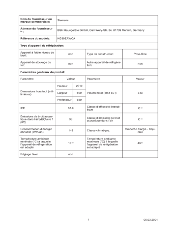 Product information | Siemens KG39EAWCA Réfrigérateur combiné Product fiche | Fixfr