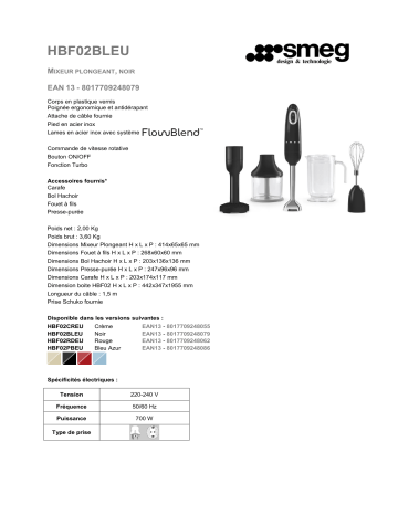 Product information | Smeg HBF02BLEU Noir Mixeur Product fiche | Fixfr