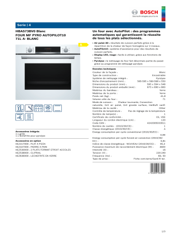 Product information | Bosch HBA573BV0 SERIE 4 Four encastrable Product fiche | Fixfr