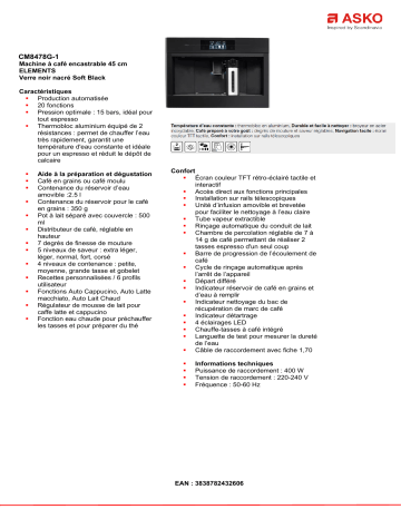 Product information | Asko CM8478G-1 Expresso encastrable Product fiche | Fixfr