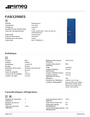 Product information | Smeg FAB32RBE5 Réfrigérateur combiné Product fiche | Fixfr