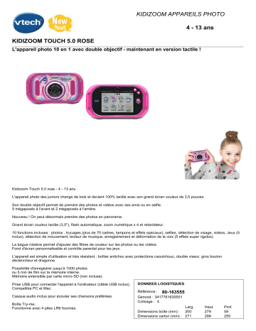 Product information | Vtech Kidizoom Touch 5.0 Rose Appareil photo Compact Product fiche | Fixfr