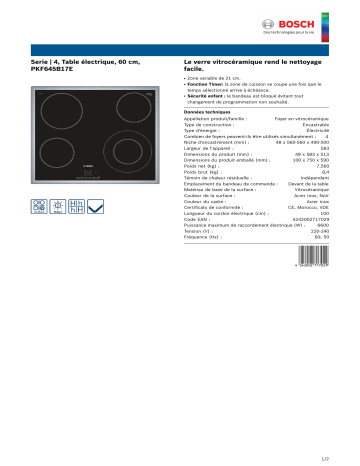 Product information | Bosch PKF645B17E SERIE 4 Table vitrocéramique Product fiche | Fixfr