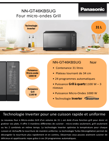 Product information | Panasonic NN-GT46KBSUG Micro ondes gril Product fiche | Fixfr