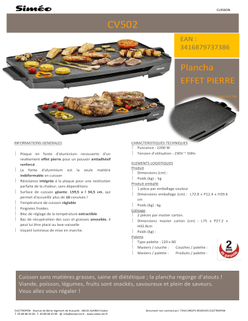 Product information | Simeo CV502 Plancha électrique Product fiche | Fixfr