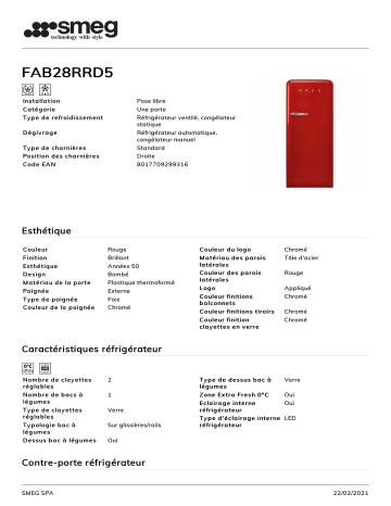 Product information | Smeg FAB28RRD5 Réfrigérateur 1 porte Product fiche | Fixfr