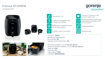 Product information | Gorenje sans huile 3.5L digitale AF1409DB Friteuse Product fiche | Fixfr