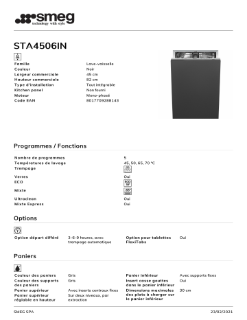 Product information | Smeg STA4506IN Lave vaisselle tout intégrable Product fiche | Fixfr
