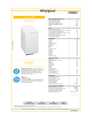 Product information | Whirlpool TDLR62322LFR/N Lave linge top Product fiche | Fixfr