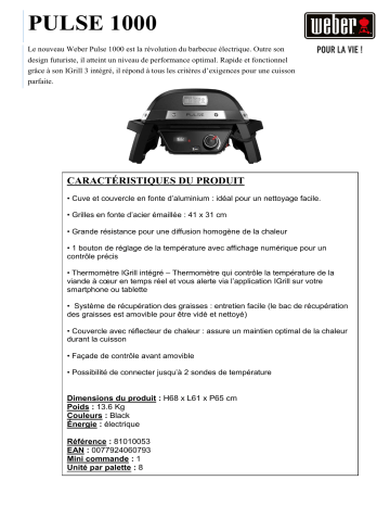 Product information | Weber PULSE 1000 noir Barbecue électrique Product fiche | Fixfr