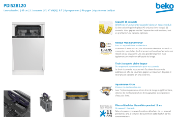 Product information | Beko PDIS28120 Lave vaisselle tout intégrable Manuel utilisateur | Fixfr