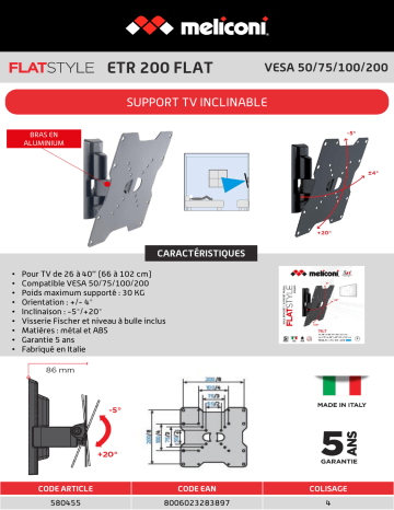 Product information | Meliconi ETR-200 FLAT 26-40 pouces Support mural TV Product fiche | Fixfr