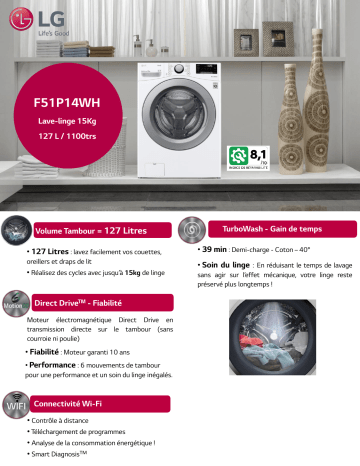 Product information | LG F51P14WH TurboWash Lave linge hublot Product fiche | Fixfr