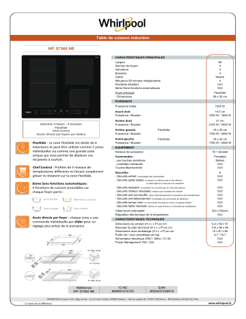 Product information | Whirlpool WFS7560NE Table induction Product fiche | Fixfr