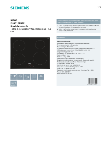 Product information | Siemens EU651BEB1E IQ100 Table induction Product fiche | Fixfr