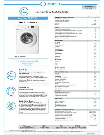 Product information | Indesit BWA101283XWFRN Lave linge hublot Product fiche | Fixfr