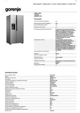 Gorenje NRS9181VX Réfrigérateur Américain Product fiche