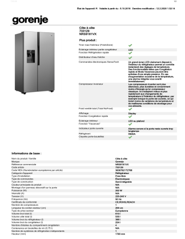 Product information | Gorenje NRS9181VX Réfrigérateur Américain Product fiche | Fixfr