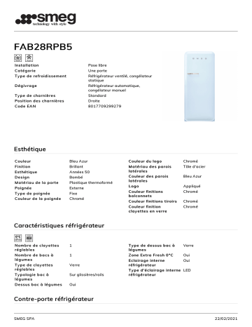 Product information | Smeg FAB28RPB5 Réfrigérateur 1 porte Product fiche | Fixfr