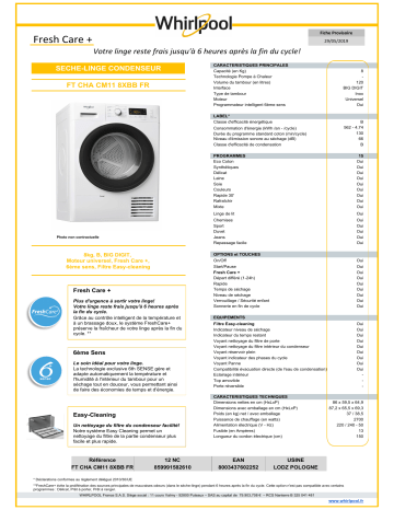 Product information | Whirlpool FTCHACM118XBBFR Sèche linge à condensation Product fiche | Fixfr