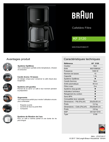 Product information | Braun KF3120BK PurAroma3 Cafetière filtre Product fiche | Fixfr