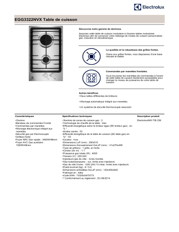 Product information | Electrolux EGG3322NVX Table gaz Product fiche | Fixfr