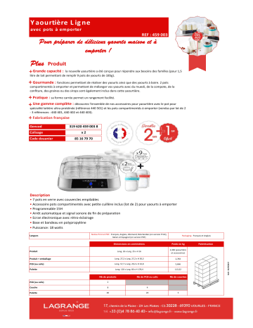 Product information | Lagrange 459003 + 2 pots compartimentés Yaourtière Product fiche | Fixfr