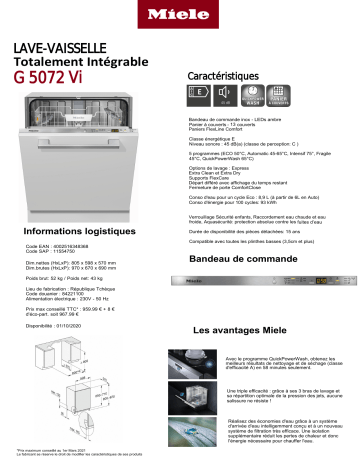 Product information | Miele G 5072 Vi Lave vaisselle tout intégrable Product fiche | Fixfr