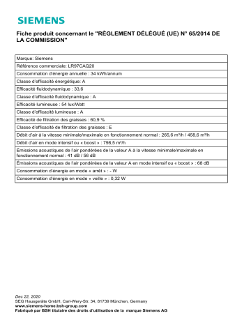 Product information | Siemens LR97CAQ20 Hotte plafond Product fiche | Fixfr