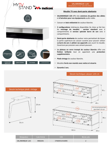 Product information | Meliconi Salamanque 120 cm blanc Meuble TV Product fiche | Fixfr