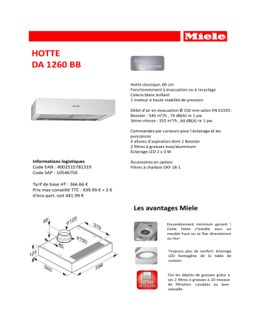 Product information | Miele DA1260BB Hotte décorative murale Product fiche | Fixfr