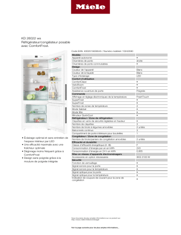Product information | Miele KD26022WS Réfrigérateur combiné Product fiche | Fixfr