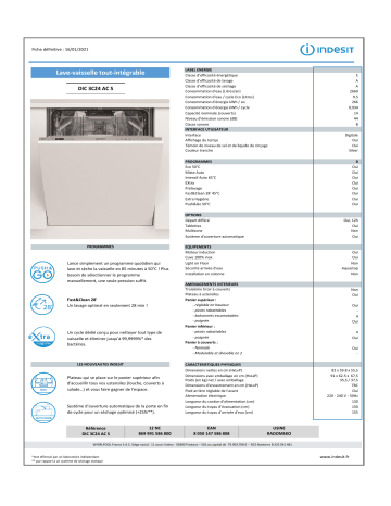 Product information | Indesit DIC3C24ACS Lave vaisselle tout intégrable Product fiche | Fixfr
