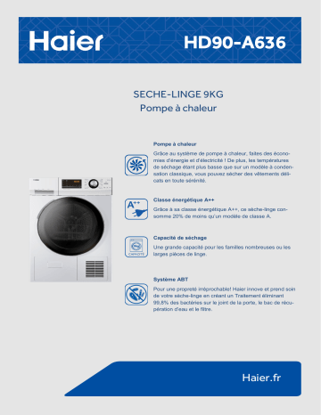 Product information | Haier HD90-A636N Sèche linge pompe à chaleur Product fiche | Fixfr