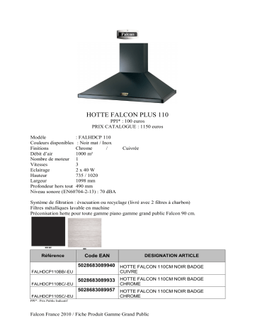 Product information | Falcon 110 PLUS NOIR LAITON Hotte grande largeur Product fiche | Fixfr