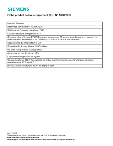 Product information | Siemens KG39NXB35 HYPERFRESH Réfrigérateur combiné Product fiche | Fixfr