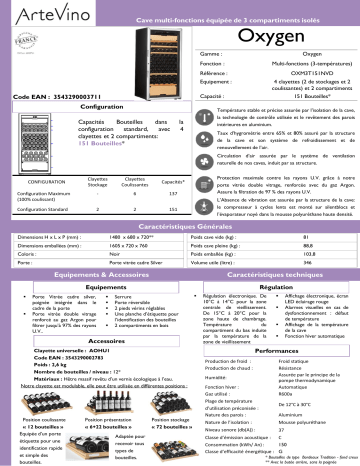 Product information | Artevino Oxygen OXM3T151NVD Cave à vin polyvalente Product fiche | Fixfr