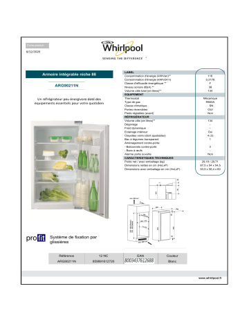 Product information | Whirlpool ARG90211N Réfrigérateur 1 porte encastrable Product fiche | Fixfr