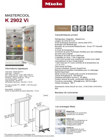 Product information | Miele K 2902 Vi Réfrigérateur 1 porte encastrable Product fiche | Fixfr