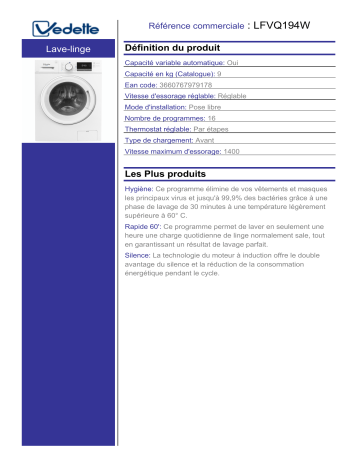 Product information | Vedette LFVQ194W Lave linge hublot Product fiche | Fixfr