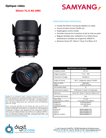 Product information | Samyang 50mm T1.5 VDSLR Canon Objectif Product fiche | Fixfr