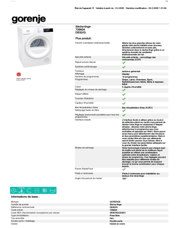 Product information | Gorenje DE92/G Sèche linge pompe à chaleur Product fiche | Fixfr