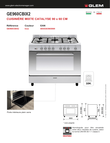 Product information | Glem GE960CBIX2 Piano de cuisson mixte Product fiche | Fixfr