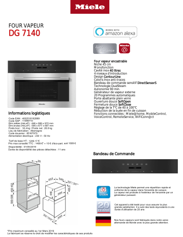 Product information | Miele DG 7140 Four encastrable Product fiche | Fixfr