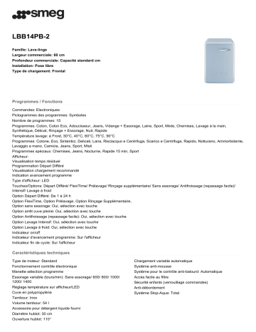Product information | Smeg LBB14PB-2 Lave linge hublot Product fiche | Fixfr