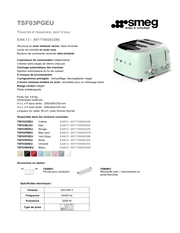 Product information | Smeg TSF03PGEU Vert d'eau Grille-pain Product fiche | Fixfr