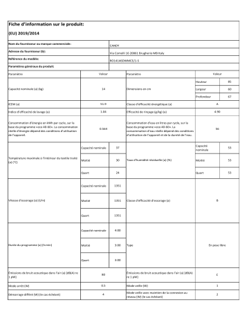 Product information | Candy RO14146DWMCE/1-S Lave linge hublot Product fiche | Fixfr