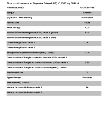 Product information | ROSIERES RFDP0507PNI Four encastrable Manuel utilisateur | Fixfr