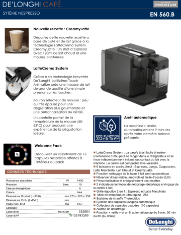 Product information | Delonghi Lattissima Touch 2 Noir EN560B Nespresso Product fiche | Fixfr